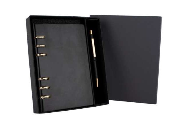 Premium Leather Ring-Bound Diary Set with Gold Pen