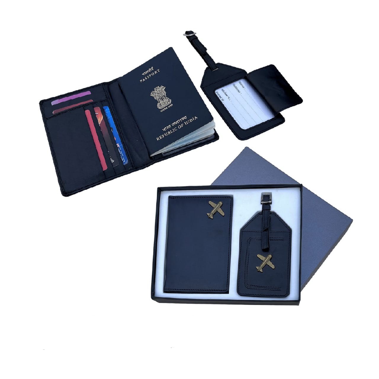 Ally Stylish Passport Cover for Travellers with Durable Luggage Tag-Travel Identification Combo Set, Black