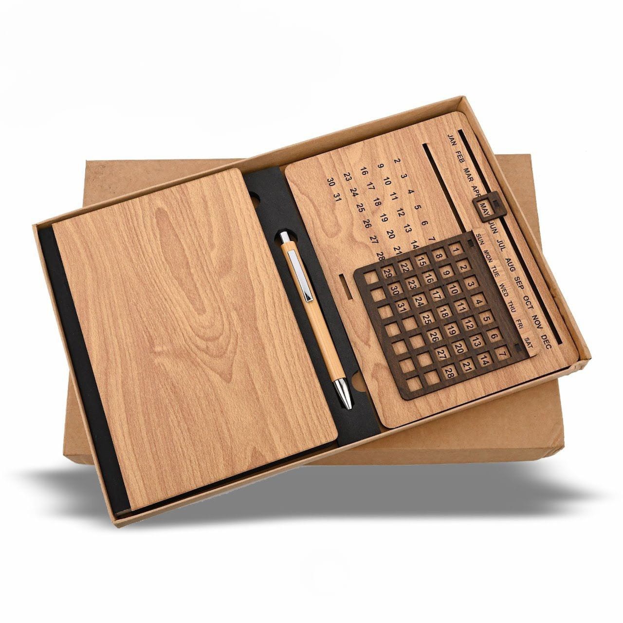 Ally Wooden Theme Notebook,Pen and Lifetime Calender Gift Combo