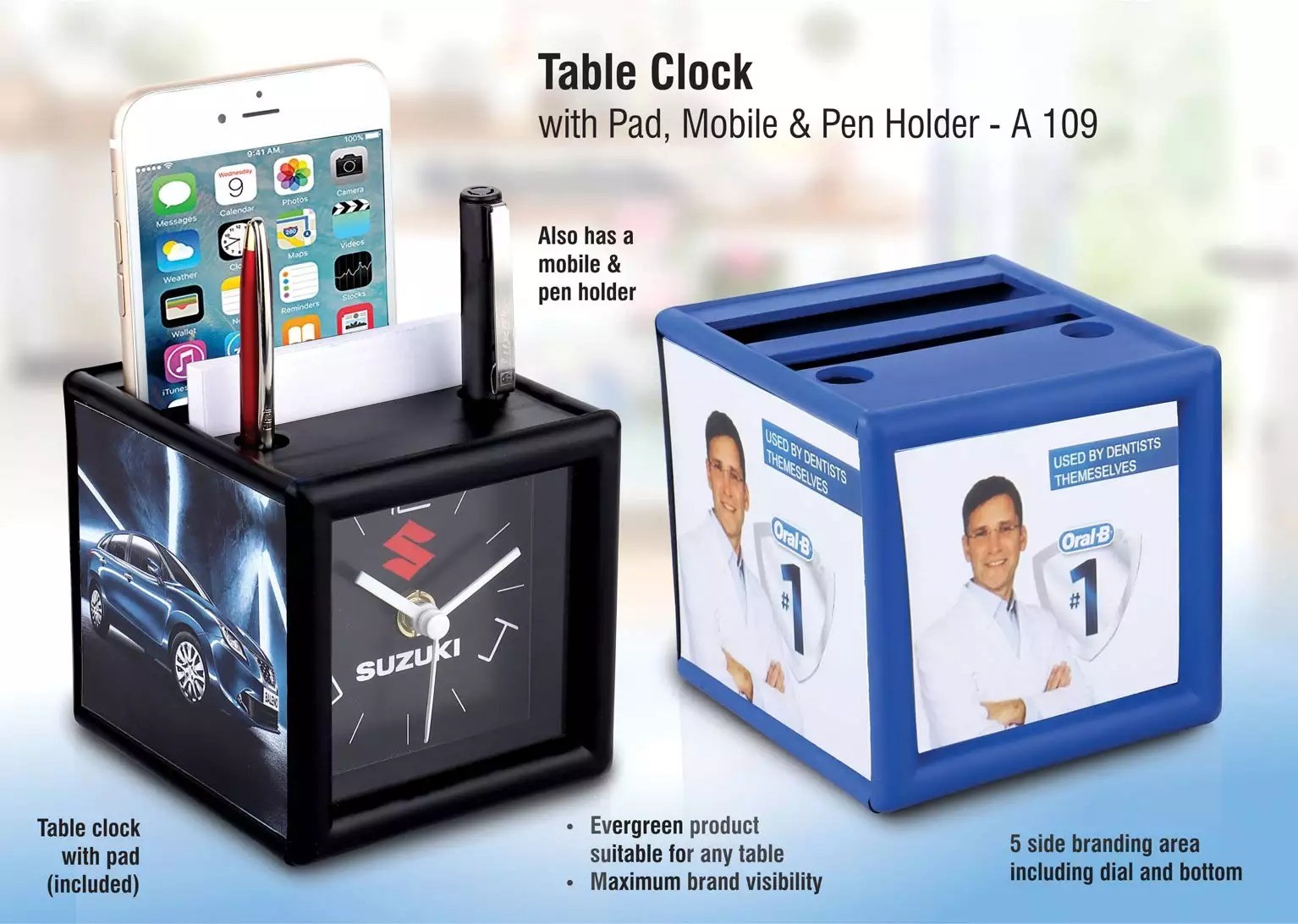 Ally Table Clock With Pad , Pen And Mobile Holder (4 Side Branding Area)